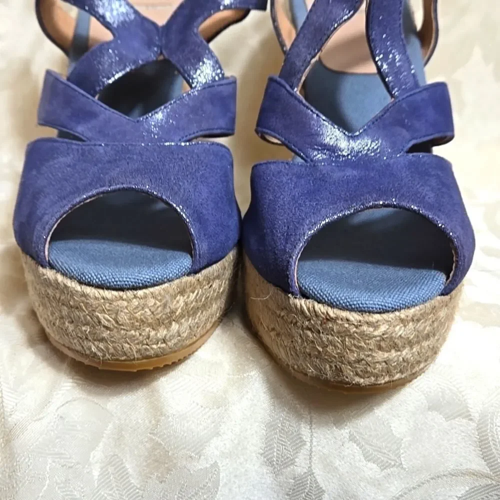 Kanna Women's Blue Leather Wedge Peep Toe Sandals